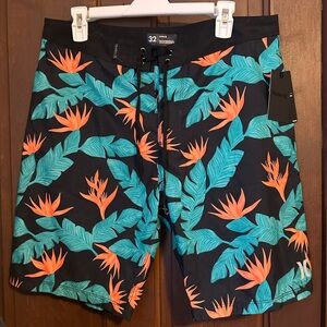 Hurley Men’s Black Tropical Board Shorts with Teal & Orange Floral Print